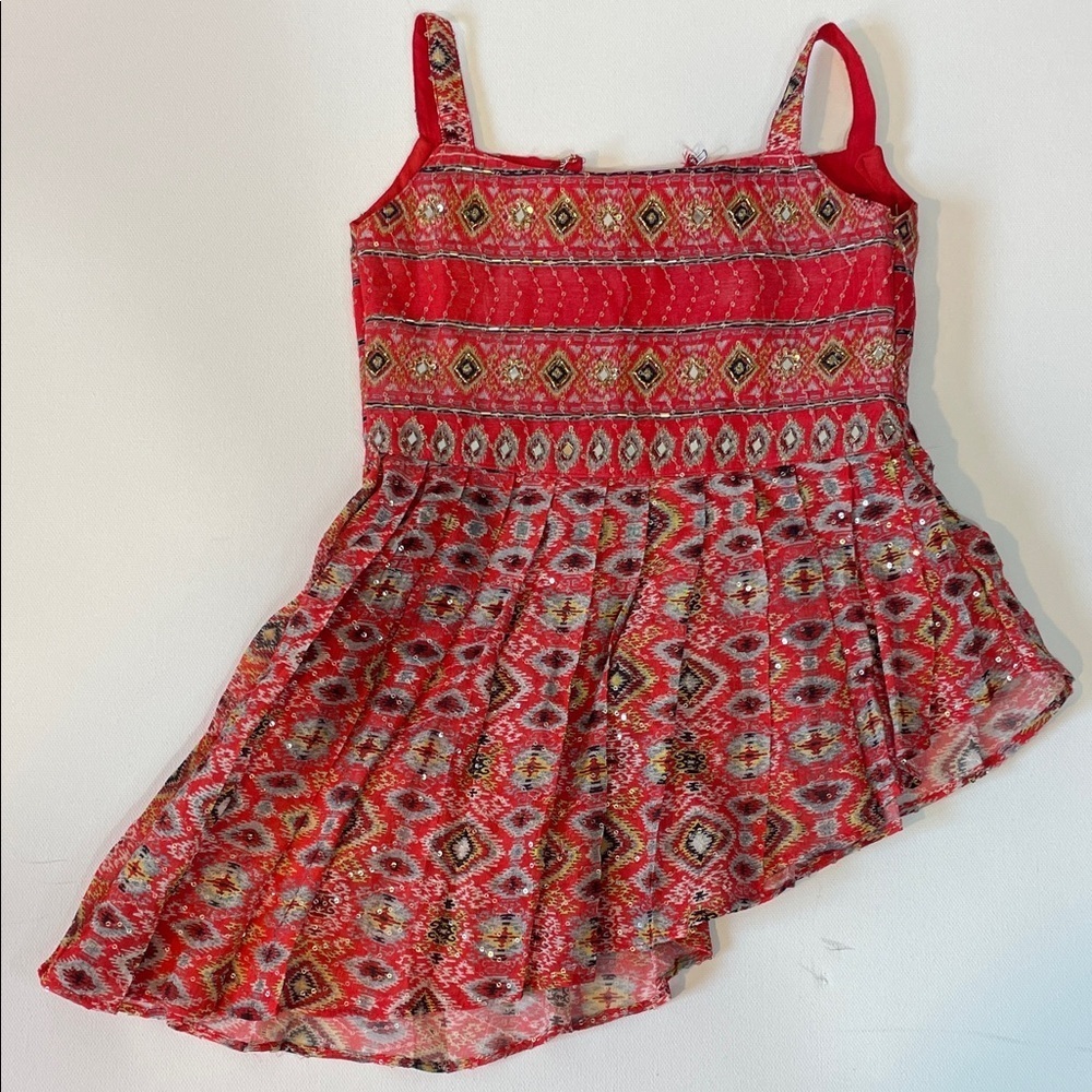 Vintage Red Two-Piece Set Beaded Embroidered Top & Ruffle Pants - Picture 4 of 16